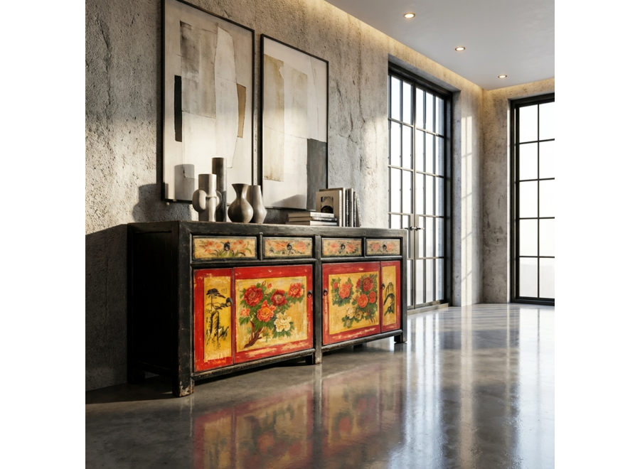 Credenza Cinese Antica Nera Rossa Dipinta a Mano con Peonie L167xP40xA87cm