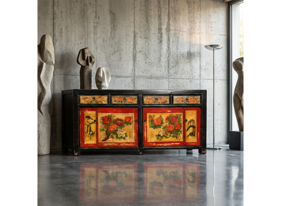 Antique Chinese Sideboard Red Black Handpainted Peonies W167xD40xH87cm