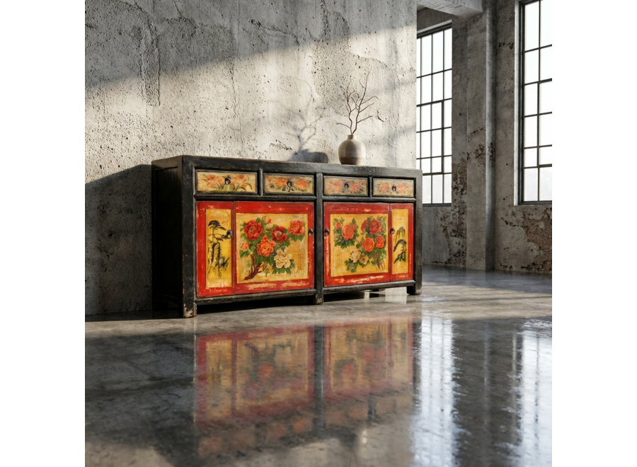Credenza Cinese Antica Nera Rossa Dipinta a Mano con Peonie L167xP40xA87cm