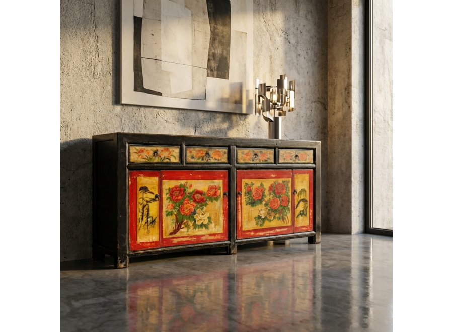 Antique Chinese Sideboard Red Black Handpainted Peonies W167xD40xH87cm