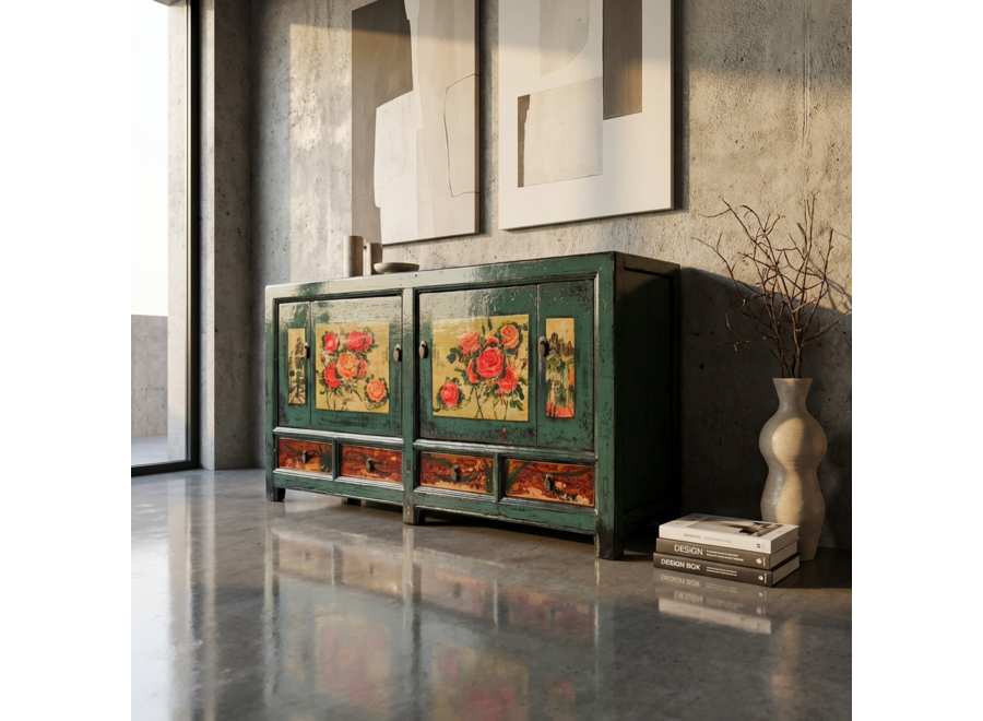 Credenza Cinese Antica Peonie Dipinta a Mano L171xP40xA87cm