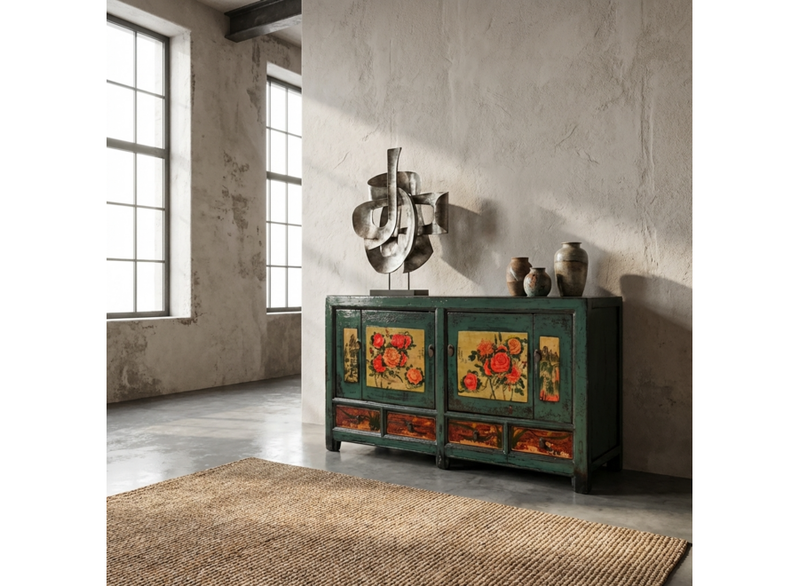 Antique Chinese Sideboard Handpainted Peonies W171xD40xH87cm