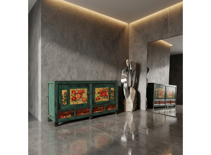 Credenza Cinese Antica Peonie Dipinta a Mano L171xP40xA87cm
