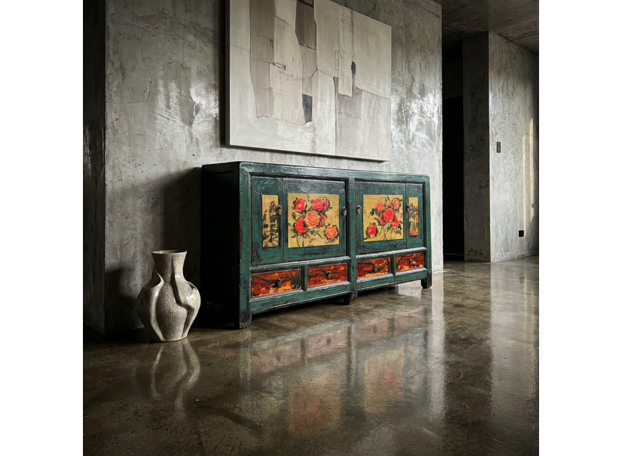 Buffet Chinois Ancien Pivoines Peintes à la Main L171xP40xH87cm