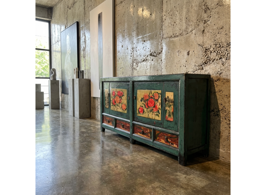 Buffet Chinois Ancien Pivoines Peintes à la Main L171xP40xH87cm