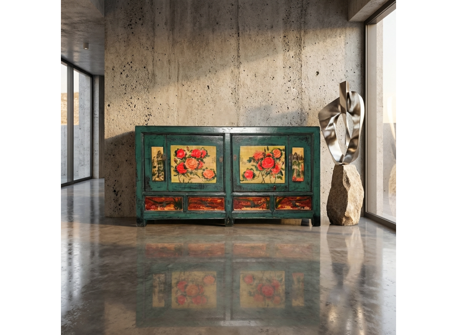 Buffet Chinois Ancien Pivoines Peintes à la Main L171xP40xH87cm