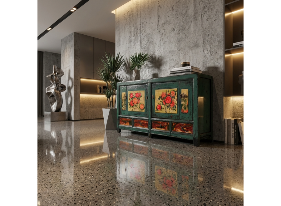 Credenza Cinese Antica Peonie Dipinta a Mano L171xP40xA87cm