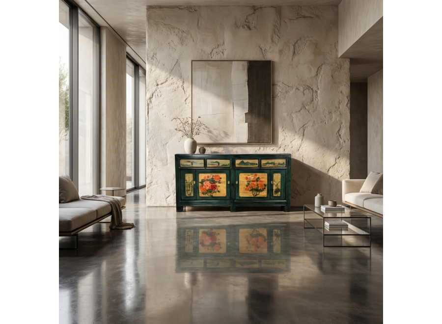 Credenza Cinese Antica Peonie Verde Acqua Dipinta a Mano L176xP45xA85cm