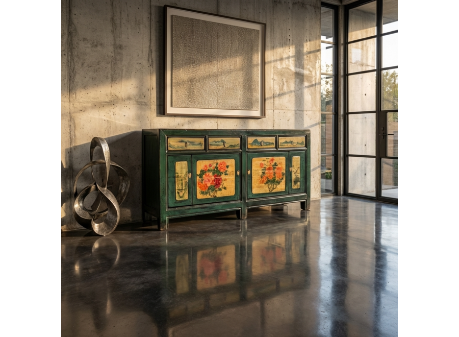 Antikes Chinesisches Sideboard Blaugrün Handbemalt Pfingstrosen B176xT45xH85cm