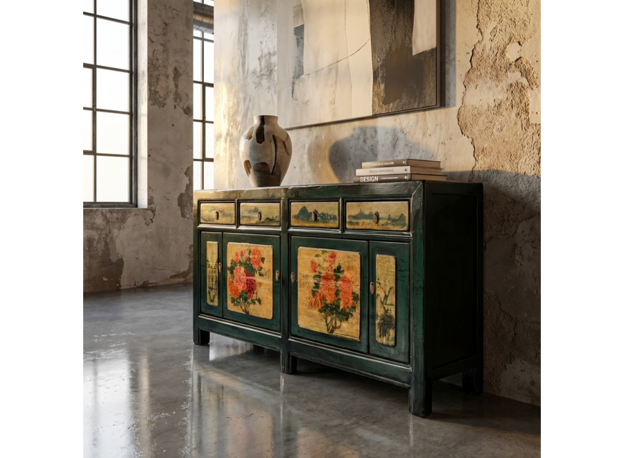 Antique Chinese Sideboard Teal Handpainted Peonies W176xD45xH85cm