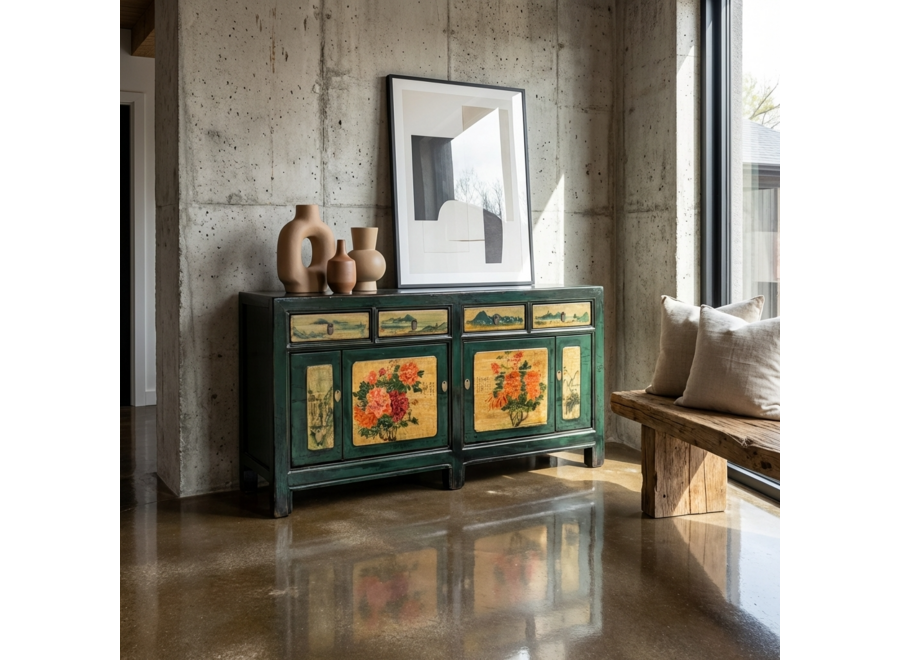 Credenza Cinese Antica Peonie Verde Acqua Dipinta a Mano L176xP45xA85cm