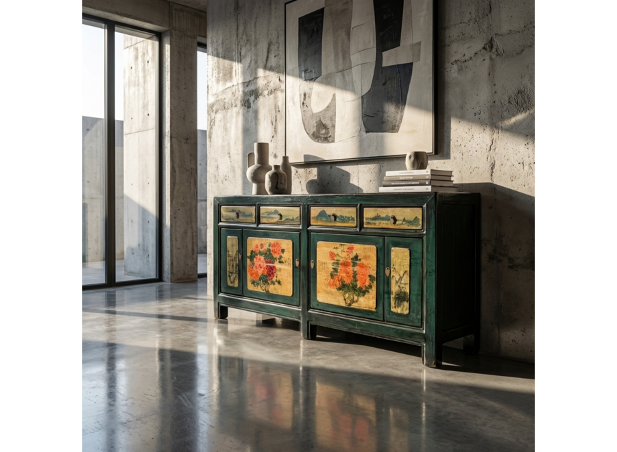 Antikes Chinesisches Sideboard Blaugrün Handbemalt Pfingstrosen B176xT45xH85cm