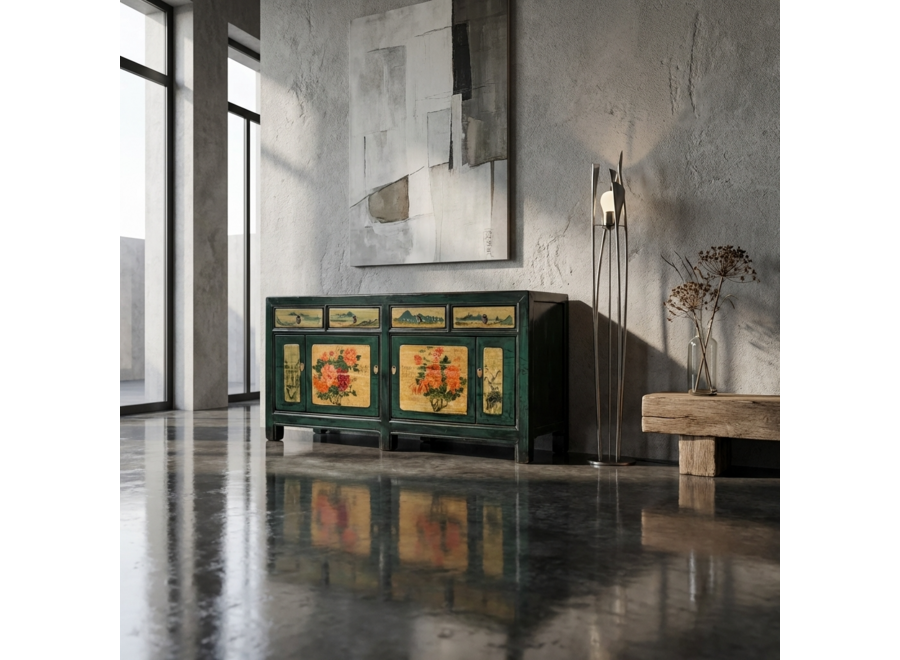 Antikes Chinesisches Sideboard Blaugrün Handbemalt Pfingstrosen B176xT45xH85cm