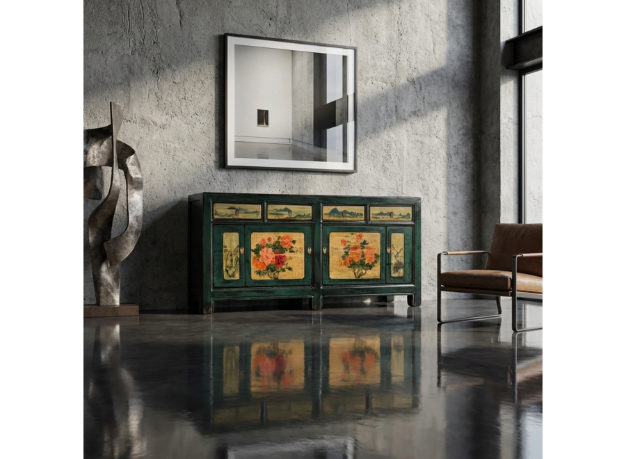 Antikes Chinesisches Sideboard Blaugrün Handbemalt Pfingstrosen B176xT45xH85cm
