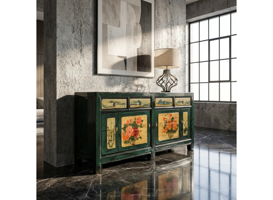 Antikes Chinesisches Sideboard Blaugrün Handbemalt Pfingstrosen B176xT45xH85cm
