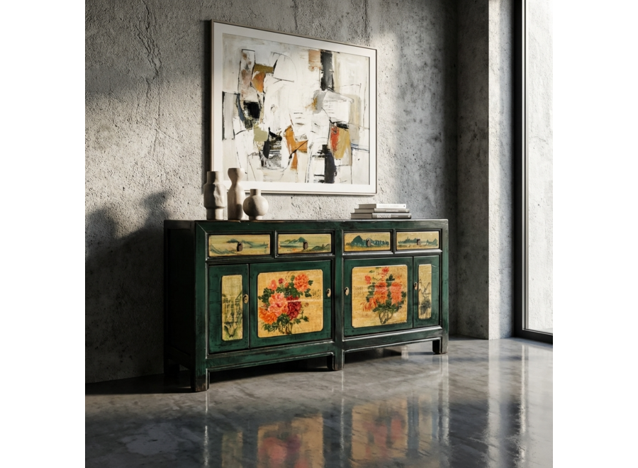 Antique Chinese Sideboard Teal Handpainted Peonies W176xD45xH85cm
