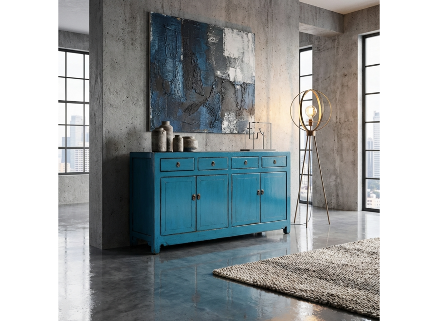 Antikes Chinesisches Sideboard Blau Hochglanz B154xT40xH93cm