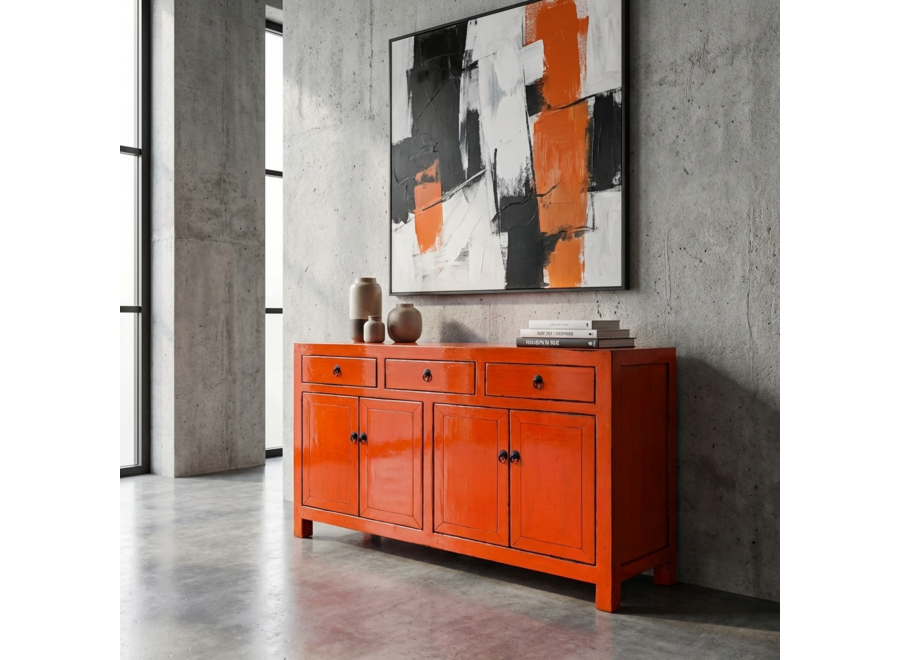 Buffet Chinois Ancien Rouge Haute Brillance L145xP40xH88cm