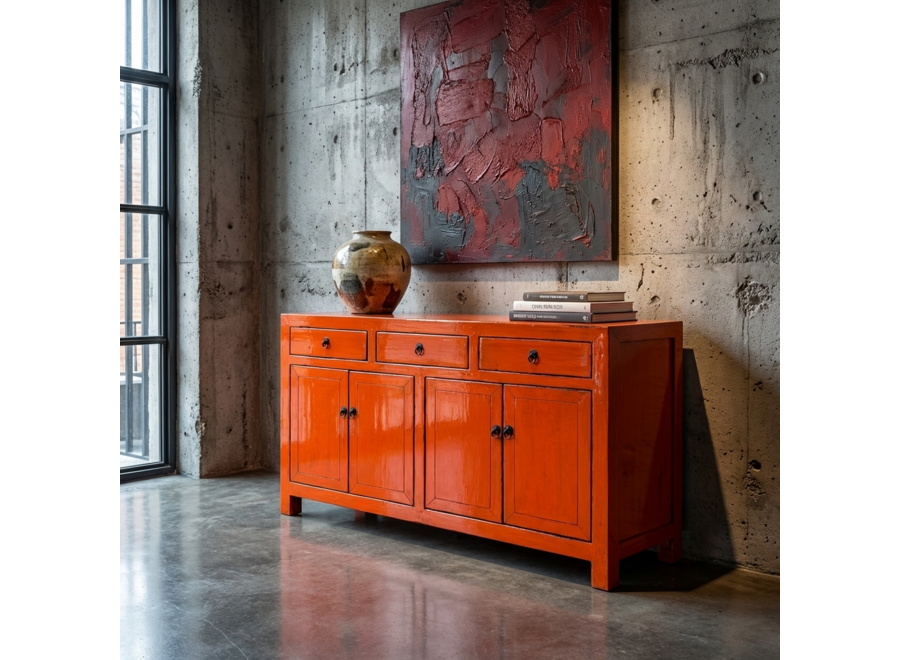 Credenza Cinese Antica Rossa Lucida L145xP40xA88cm