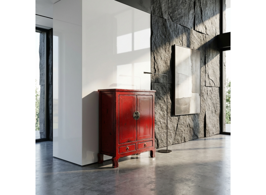 Armoire Chinoise Ancienne Rouge Haute Brillance L84xP43xH114cm