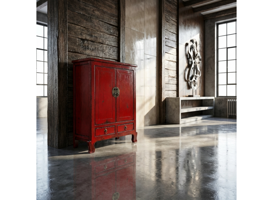 Armoire Chinoise Ancienne Rouge Haute Brillance L84xP43xH114cm