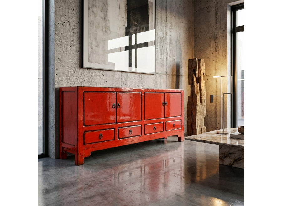 Meuble TV Chinois Ancien Rouge Haute Brillance L151xP39xH54cm