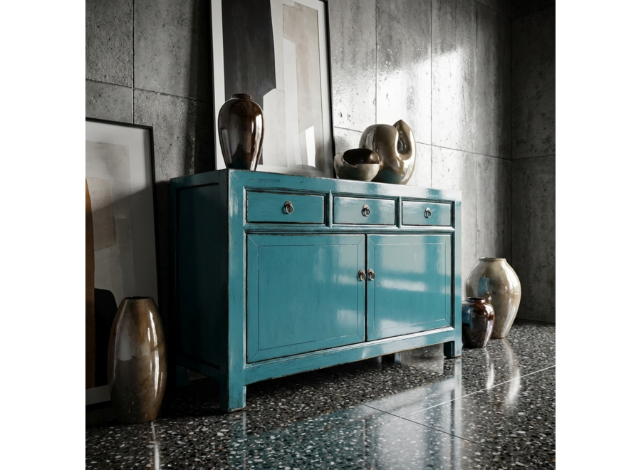 Buffet Chinois Ancien Bleu Haute Brillance L128xP40xH91cm
