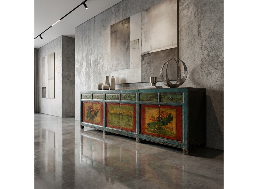 Credenza Cinese Antica Dipinta a Mano L250xP47xA85cm