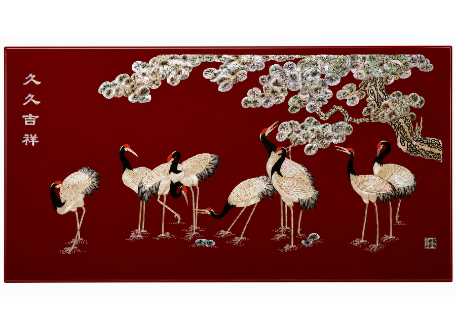 Lacquer Wall Art inlaid with Mother of Pearl Cranes Eternal Good Fortune W180xH90cm