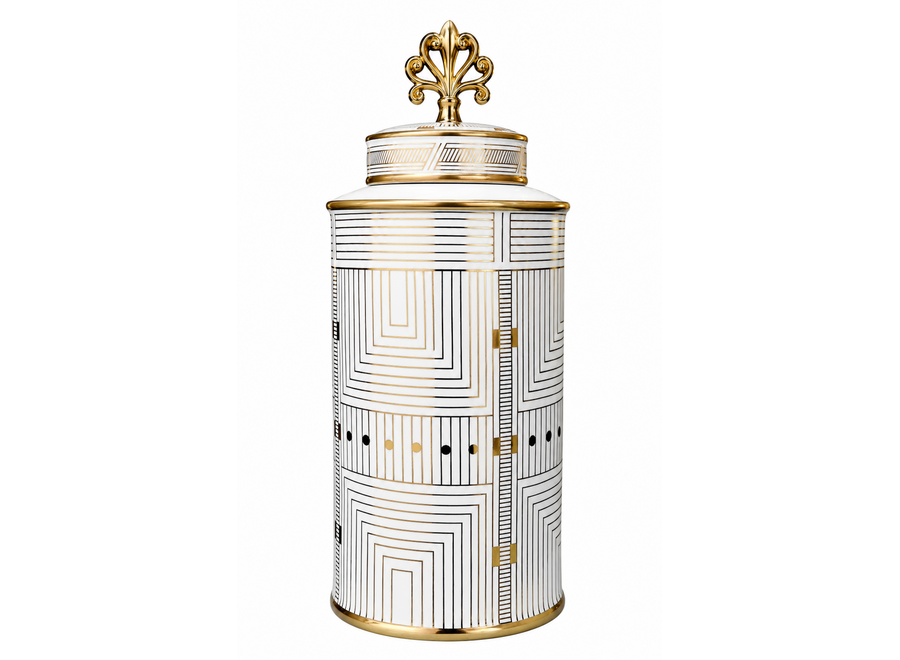 Chinesischer Vase mit Deckel Porzellan Weiß Gold Geometrisch Handgefertigt D16xH37cm