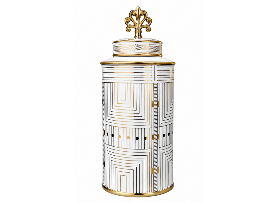 Vaso Ginger Jar Cinese in Porcellana Bianco Oro Geometrico Fatto a Mano D16xA32cm