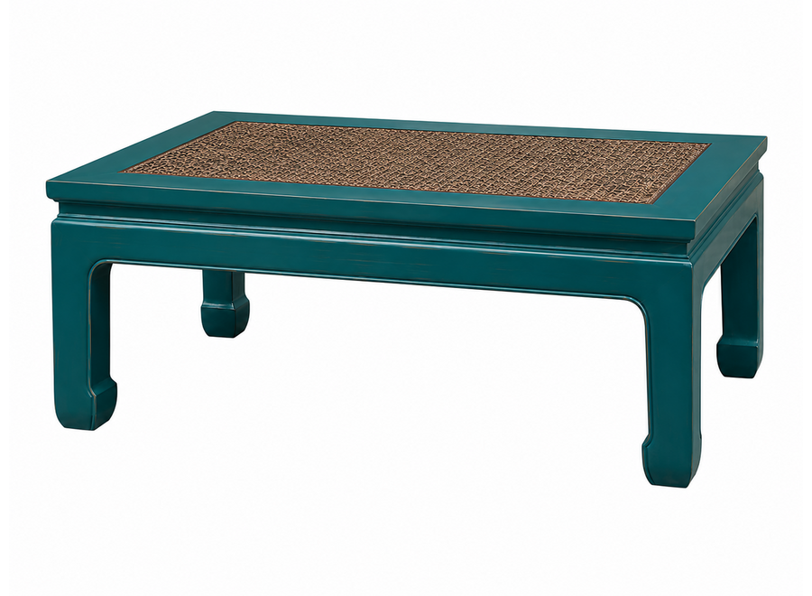 Tavolino Cinese in Legno con Piano Tavolo in Bambù Blu L132xP70xA45cm