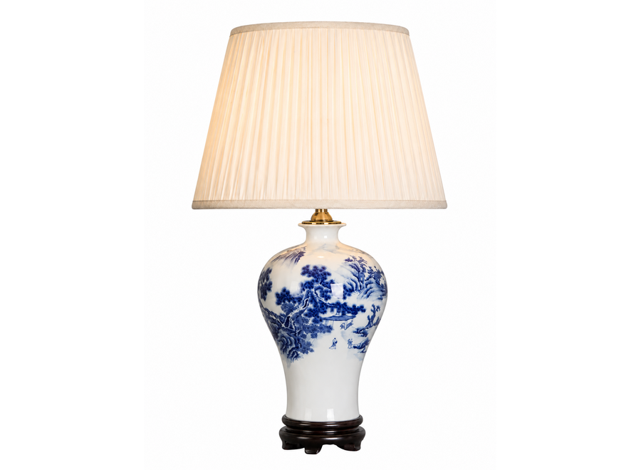 Lampe de Table Chinoise Porcelaine Blanche Bleu Paysage D38xH66cm