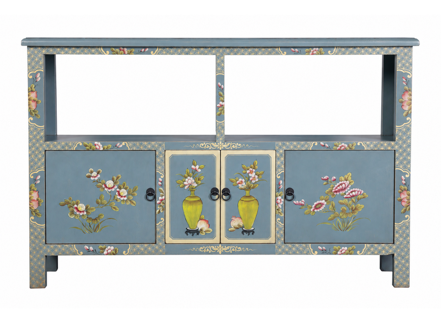 Buffet Chinois Bleu Gris Peint à la Main L140xP33xH90cm