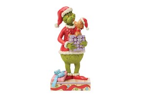 Figurine: The Grinch Holding Gift with Max Popping Out