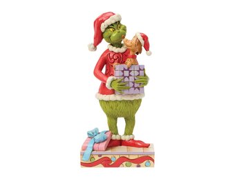 Figurine: The Grinch Holding Gift with Max Popping Out
