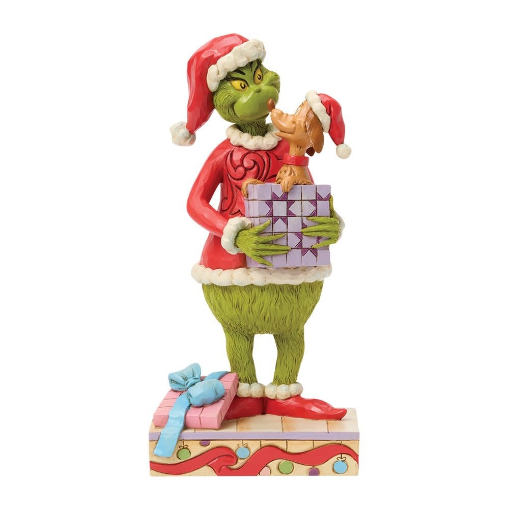 Figurine: The Grinch Holding Gift with Max Popping Out