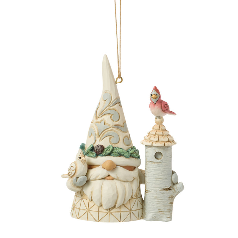 Ornament: White Woodland Gnome with Birdhouse H/O by Heartwood Creek