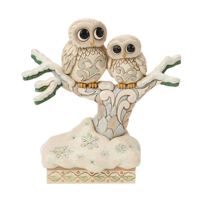 Figurine: Owls in a Tree Figurine - White Woodland