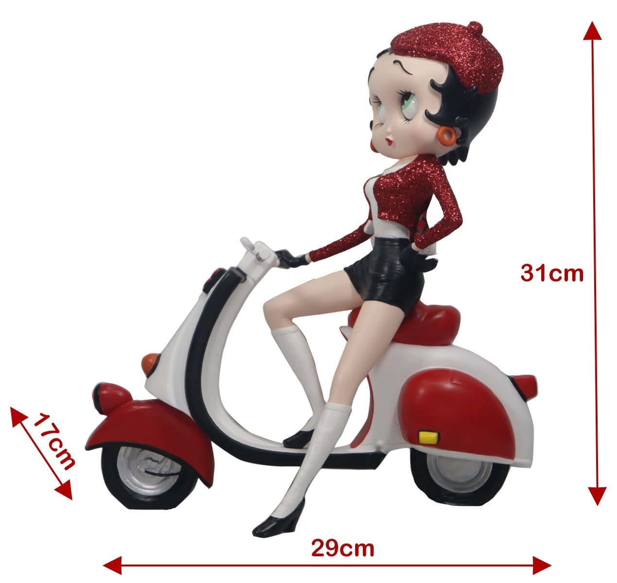 Figurine: Betty Boop Scooter With Red Glitter Hat and Coat