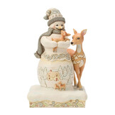 Figurine: White Woodland Snowman Holding Fawn Heartwood Creek