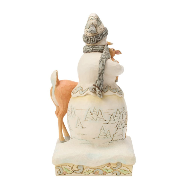 Figurine: White Woodland Snowman Holding Fawn Heartwood Creek