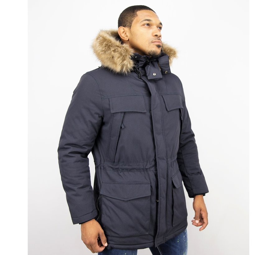 Parka Heren - Lange Winterjas met Bontkraag - Blauw