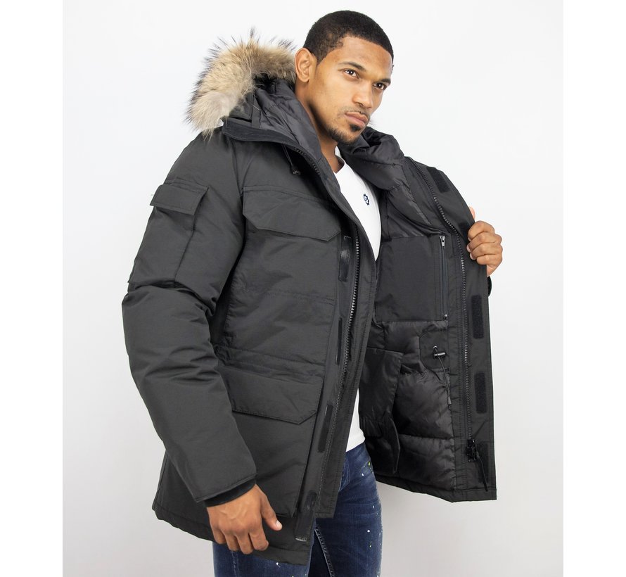 Heren Winterjas Halflang  - Parka Met Grote Bontkraag - Zwart