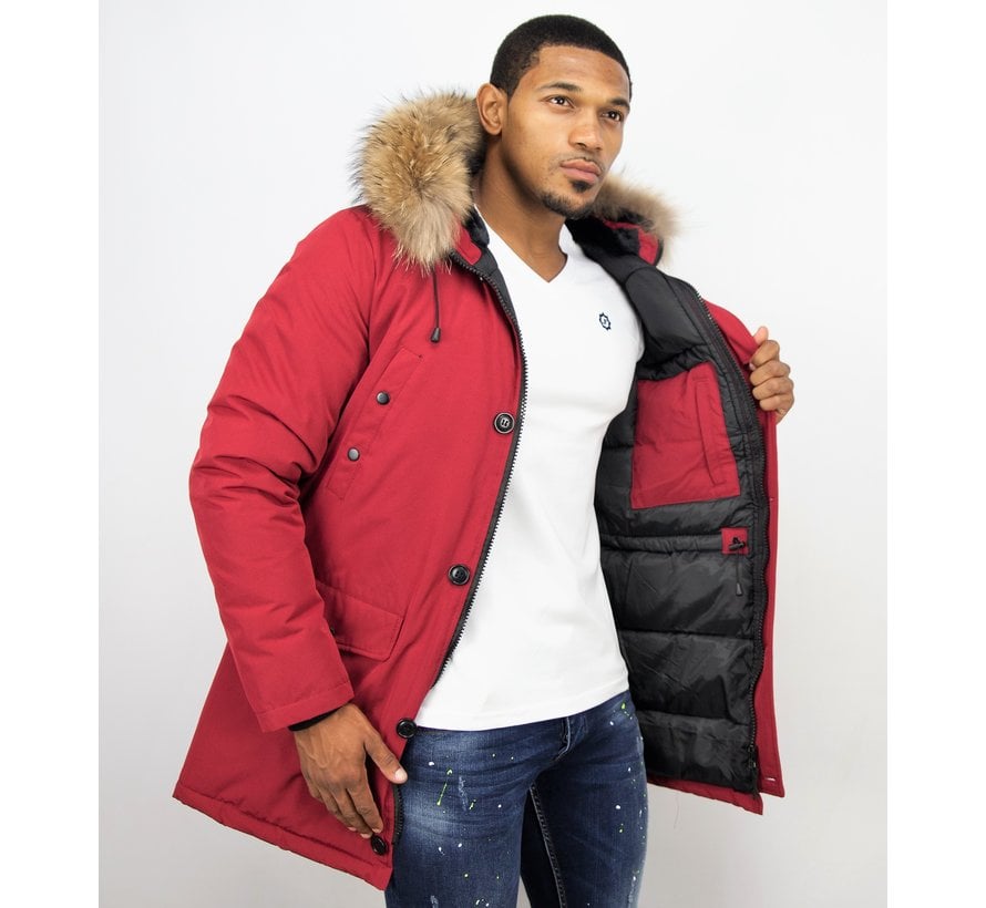 Heren Winterjas Lang - Grote XL Bontkraag - Parka - Rood