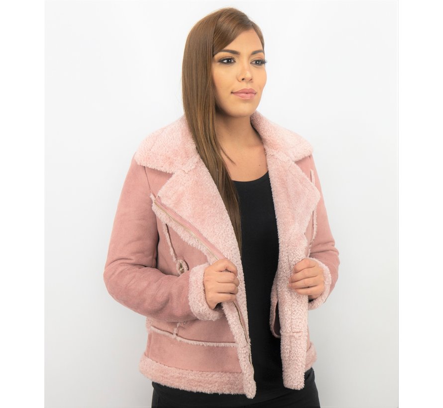 Bikerjack Dames - Suede Jas - Lammy Coat  - Roze