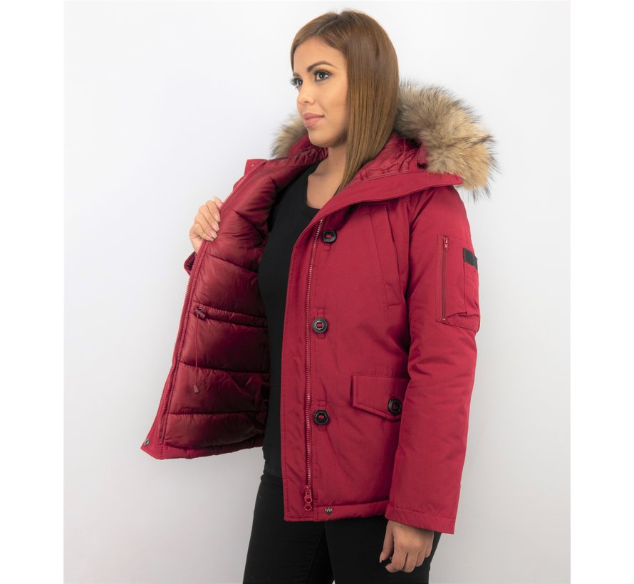 Korte Dames Winterjas  - Met Echte Bontkraag - Rood