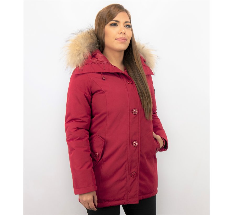 Dames Winterjassen Lang - Parka met Grote Bontkraag - Rood