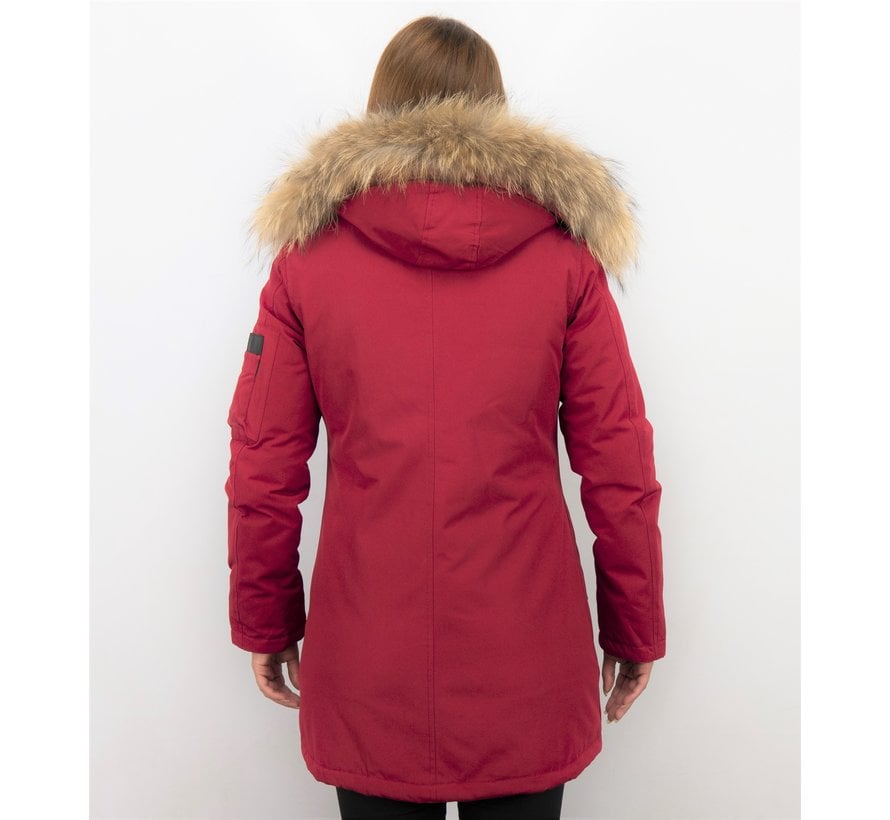 Dames Winterjassen Lang - Parka met Grote Bontkraag - Rood