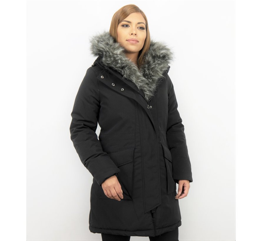 Dames Imitatie Bontjas - Lange Winterjas - Parka - Zwart